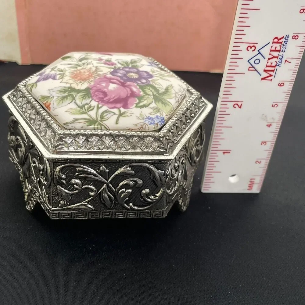 Vintage Japan Jewelry Trinket Box Silver Plated Painted Floral Hinged Top Lined - Picture 15 of 15